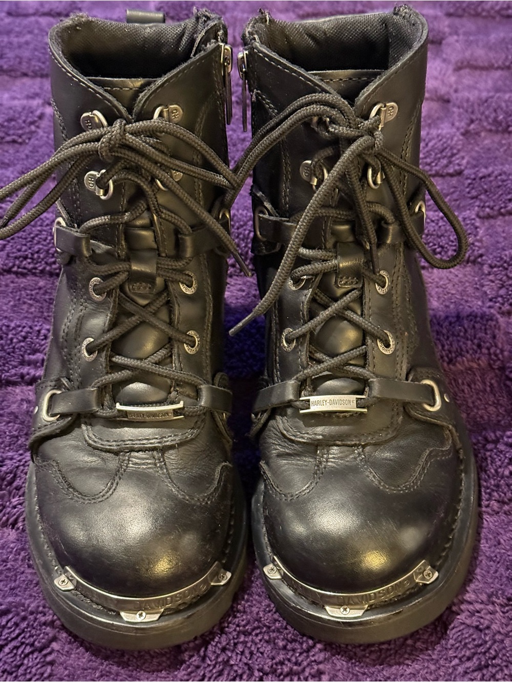 Harley-Davidson Black Lace-Up Leather Moto Boots with Metal Toe Accents